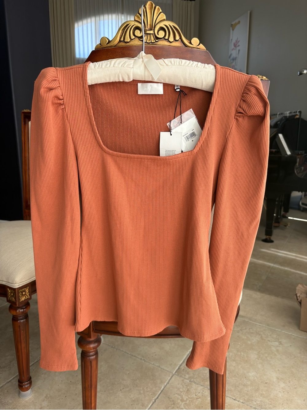 Rust colored 7 for All Mankind ribbed Squareneck puff sleeve top